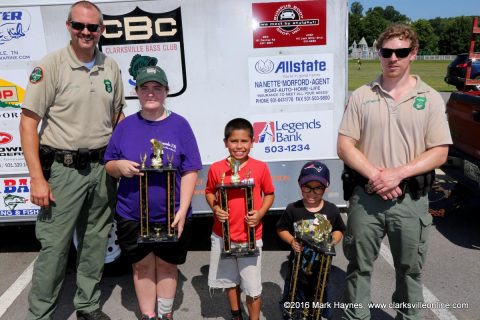 The winners of this year's Youth Fishing Rodeo. (L to R) TWRA officer Jereme Odom, Sarah McLaughlin, Raymond Pardo, Cayden McElroy and TWRA officer Nate Thompson. Not pictured, Mary Russell.