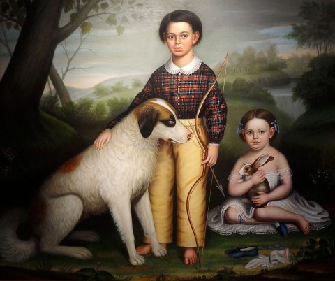 William Shackelford - Portrait of Two Children with Dog and Rabbit