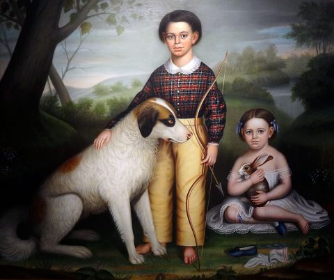 Portrait of Two Children with Dog and Rabbit by William Stamms Shackelford