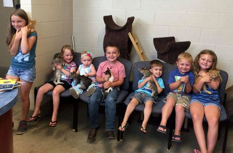 Children holding cats and kittens during story reading at Montgomery County Animal Care and Control.