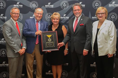 Jeff Bibb and Frank Lott receive TBR's Chancellor Award. (Cassidy Graves, APSU)