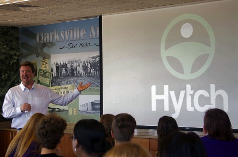 Mark Cleveland, owner and CEO of Hobby Express, co-founder and CEO of Hytch addressing students.