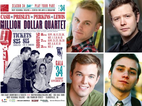 (clockwise from top left) "Stephen Shore, Marek Sapieyevski, Oliver Pierce and Nick Abbott star as Johnny Cash, Jerry Lee Lewis, Elvis Presley and Carl Perkins in "Million Dollar Quartet" at the Roxy Regional Theatre, September 16th - October 15th"