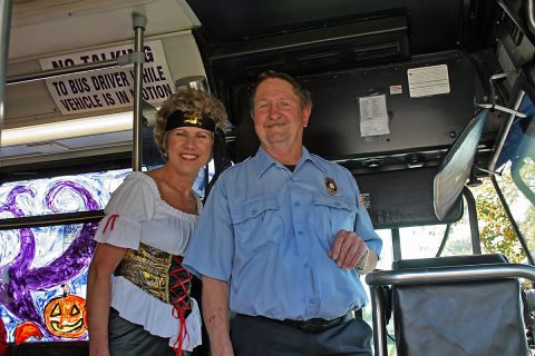 Clarksville Mayor Kim McMillan thanked CTS driver Danny Walker for a smooth ride Saturday on the Spooky Special along the Hilldale Route.
