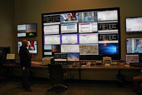 CDE Lightband technicians at the utilities new control center display some of the new digital video tools used to monitor, diagnose and repair the City of Clarksville’s electric power system.