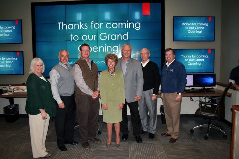 Clarksville Mayor Kim McMillan joined CDE Lightband GM Brian Taylor and others for a grand opening celebration of the utility’s new power control center Thursday. From left are, Power Board Members Sally Castleman and Ron Jackson, project architect Brad Martin, McMillan, Taylor, Power Board Chairman Wayne Wilkinson and City Councilman Bill Powers, who represents the council on the Power Board. Leo Milan is also on the Power Board.