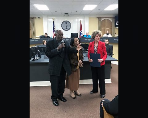 Clarksville Mayor Kim McMillan, right, presented a proclamation honoring Clarksville’s African American Churches to The Rev. Jerry Jerkins and Naomi Jerkins before Thursday’s City Council Executive Session.