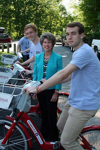 Clarksville Mayor Kim McMillan celebrates growing bike-share service.