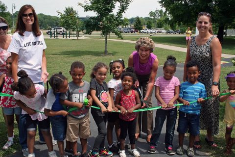 Youngsters from the Lafayette Road Head State gathered Wednesday with Clarksville Mayor Kim McMillan at Liberty Park for the grand opening of the Born Learning Trail, a United Way sponsored interactive set of activities for young children and their caregivers.