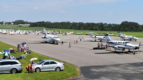 A variety of aircraft, ranging from light-sport aircraft to multi- passenger charter jets, flew into Clarksville Regional Airport August 21st to witness the Great American Eclipse of 2017. More than 160 aircraft landed at the airport to view the eclipse, with planes arriving from as far away as England and Canada.