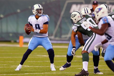 Tennessee Titans quarterback Marcus Mariota (8) drops back to pass against the New York Jets during the first quarter of a preseason game at MetLife Stadium. (Brad Penner-USA TODAY Sports) Tennessee Titans quarterback Marcus Mariota (8) drops back to pass against the New York Jets during the first quarter of a preseason game at MetLife Stadium. (Brad Penner-USA TODAY Sports)