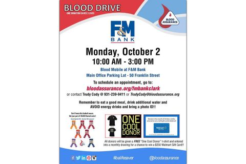 F&M Bank Blood Drive to be held October 2nd