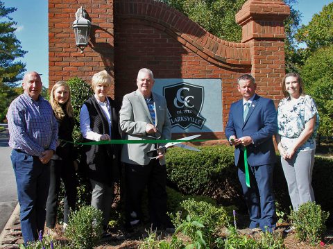 Clarksville Country Club Green Certification ribbon cutting. (L to R) David Graham, Heather Fleming, Melinda Shepard, Ben Jones, Mayor Jim Durrett and Carlye Sommers.