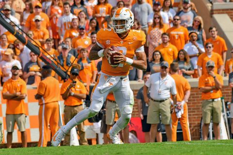 Tennessee Volunteers quarterback Jarrett Guarantano (2) looks to pass the ball against the South Carolina Gamecocks during the first quarter at Neyland Stadium. (Randy Sartin-USA TODAY Sports) Tennessee Volunteers quarterback Jarrett Guarantano (2) looks to pass the ball against the South Carolina Gamecocks during the first quarter at Neyland Stadium. (Randy Sartin-USA TODAY Sports)