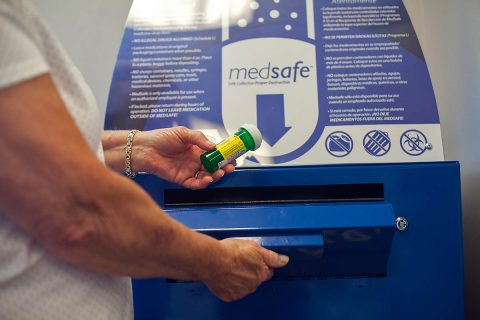  MedSafe receptacle located at Comprehensive Wellness Pharmacy on Dunlop Lane.