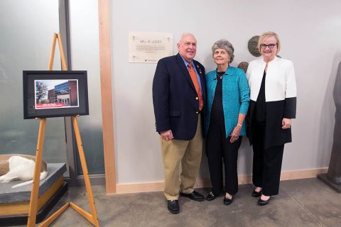 James T. and Dorothy Mann inside the APSU Department of Art + Design at the Wall of Legacy.