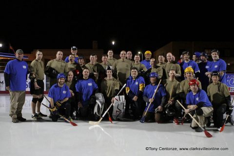 Fort Campbell and Montgomery County competed in Clarksville’s first ever broomball match at the Downtown Commons outdoor ice skating rink.