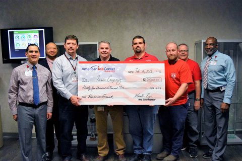 Shown here in the photo are representatives from Trane U.S. Inc., the American Job Center, and Workforce Essentials, Inc. (L to R) Francisco Vasquez, AJC; Jamaal Bradley, Workforce Essentials; Bob Ellis, Plant Manager; Paul Bishop, Operations Manager; Billy Givens, Vice President IAM, Lodge 1296; Casey Page, Trustee, IAM, Lodge 1296; John Carl, Human Resources Manager; and Michael Jackson, AJC. Shown here in the photo are representatives from Trane U.S. Inc., the American Job Center, and Workforce Essentials, Inc. (L to R) Francisco Vasquez, AJC; Jamaal Bradley, Workforce Essentials; Bob Ellis, Plant Manager; Paul Bishop, Operations Manager; Billy Givens, Vice President IAM, Lodge 1296; Casey Page, Trustee, IAM, Lodge 1296; John Carl, Human Resources Manager; and Michael Jackson, AJC.