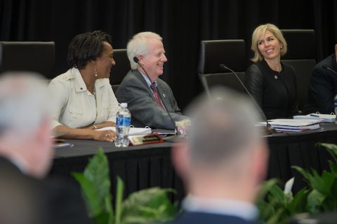 Austin Peay State University board members Valencia May, Mike O’Malley and Katherine Cannata smile during a previous Board of Trustees meeting. (APSU)