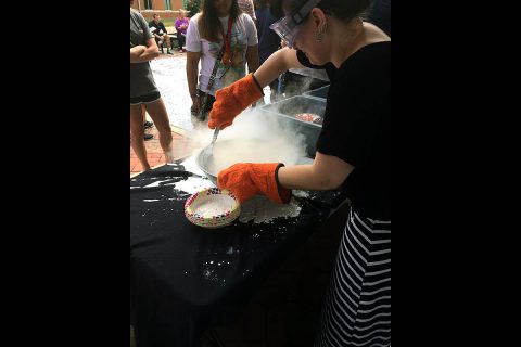 Dr. Meagan Mann used the College of STEM's special recipe to make ice cream using liquid nitrogen. (Austin Peay State University)