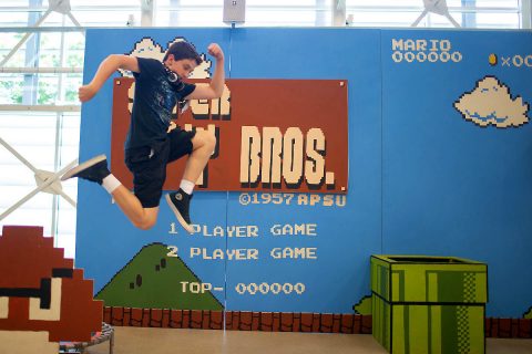 Life-sized set of Nintendo’s 1985 classic Super Mario Bros allows students to run, jump and bash through the game.