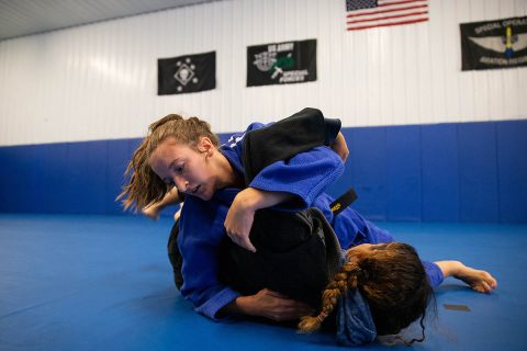 APSU Brinna Lavelle grapples with MiMi Bowen at Bowen Combative Arts Academy in Clarksville. Lavelle trains six days a week and travels on weekends for master-level coaching.