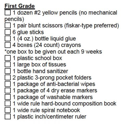 First Grade supply list for 2018-19 School Year