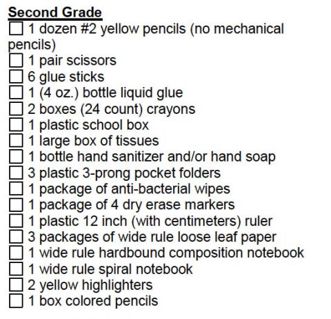 Second Grade supply list for 2018-19 School Year