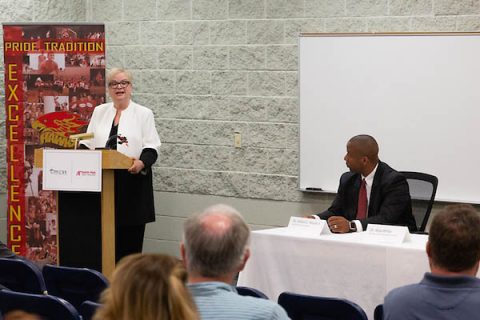 Austin Peay State University (APSU) President Alisa White and Clarksville-Montgomery County School System (CMCSS) Director of Schools Millard House announce a new partnership to provide Japanese and Korean. 