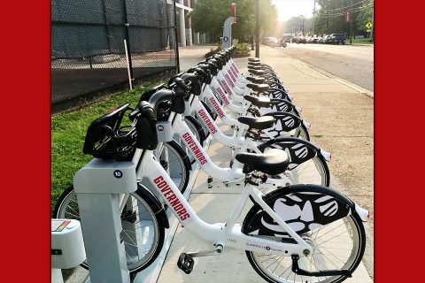 Gleaming new BCycles, customized with special APSU graphics, stand ready for use at the new Clarksville BCycle station near APSU’s Foy Recreation Center. The station will be dedicated Thursday.