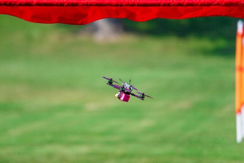 Michael Hunter’s racing drone flies through one of the gates of the course. (APSU student Denzil Wyatt)