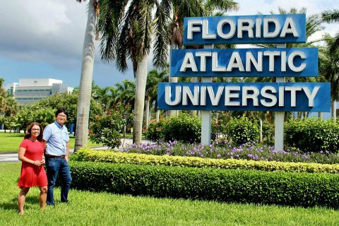 Miller, with Jang, at the entrance of Florida Atlantic University, where the Austin Peay senior spent nine weeks during the summer doing undergraduate research. She was one of 11 undergraduates from across the country chosen for the program.