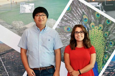 Miller stands with Jang at FAU’s Institute for Sensing and Embedded Network Systems Engineering, where Miller completed a summer undergraduate research program. “The experience was amazing, and I got to learn a lot about life as a graduate student,” she said.