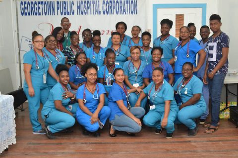 Nurses in Guyana wear stethoscopes donated by Austin Peay State University nursing faculty.