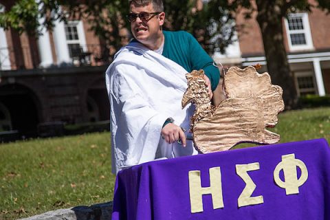 APSU Latin professor Dr. Stephen Kershner sacrifices a golden eagle during homecoming. 