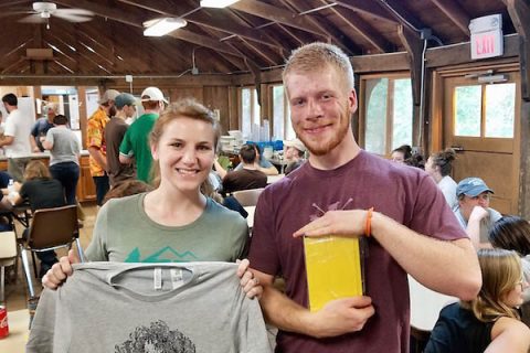 Jennifer Stephens and John Butkevicius show off their awards after the Pressure and Temperature competition. Butkevicius ate a lot of Hattie B’s hot chicken for the honor.
