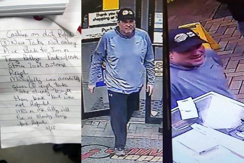 Clarksville Police are asking the public's help in identifying the man in these photos wanted for fraud. Also pictured is the note he wrote. Clarksville Police are asking the public's help in identifying the man in these photos wanted for fraud. Also pictured is the note he wrote.