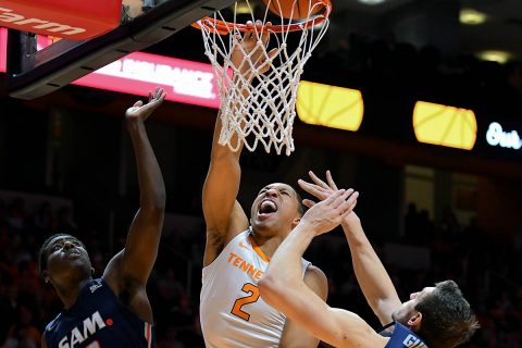 Tennessee Volunteers forward Grant Williams (2) dunks the ball against Samford Bulldogs guard Brandon Austin (0) and Samford Bulldogs center Ruben Guerrero (32) during the second half at Thompson-Boling Arena. (Randy Sartin-USA TODAY Sports) Tennessee Volunteers forward Grant Williams (2) dunks the ball against Samford Bulldogs guard Brandon Austin (0) and Samford Bulldogs center Ruben Guerrero (32) during the second half at Thompson-Boling Arena. (Randy Sartin-USA TODAY Sports)