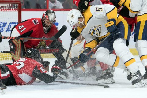 Nashville Predators left wing Austin Watson (51) battles for the puck in front of Ottawa Senators goalie Craig Anderson (41) in the second period at the Canadian Tire Centre. (Marc DesRosiers-USA TODAY Sports) Nashville Predators left wing Austin Watson (51) battles for the puck in front of Ottawa Senators goalie Craig Anderson (41) in the second period at the Canadian Tire Centre. (Marc DesRosiers-USA TODAY Sports)