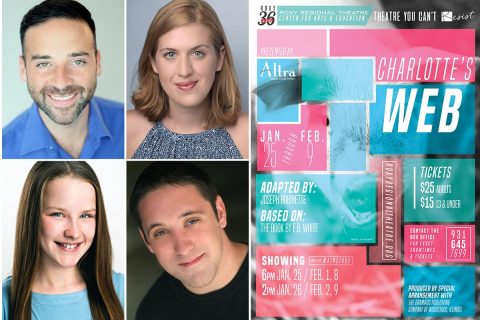 (Clockwise from top left) Matt Flocco, Emma Jordan, Bryan Plummer and Kylan Elizabeth Ritchie star in "Charlotte's Web" at the Roxy Regional Theatre, January 25th-February 9th.