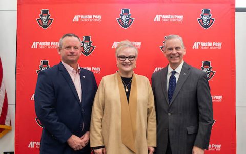 Montgomery Mayor Jim Durrett, APSU President Alisa White and Clarksville Mayor Joe Pitts meet at the inaugural APSU, Clarksville, Montgomery County Partnership Meeting.