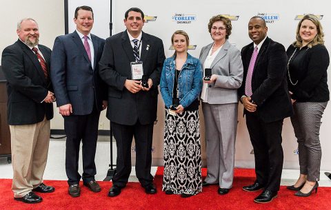 Congratulating the District Teachers of the Year are from left: O’Bee O’Bryant, Executive Director of the CMC Education Foundation; James Corlew of James Corlew Chevrolet; teachers Abraham Wolfe (9-12), Lindsay Karas (5-8), Deborah Chancellor (PreK-4); Director of Schools Millard House; and Education Foundation Chairman Lori Smith.