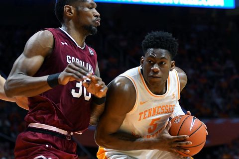 Tennessee Volunteers guard Admiral Schofield (5) moves the ball against South Carolina Gamecocks forward Chris Silva (30) during the second half at Thompson-Boling Arena. Tennessee won 85 to 73. (Randy Sartin-USA TODAY Sports)