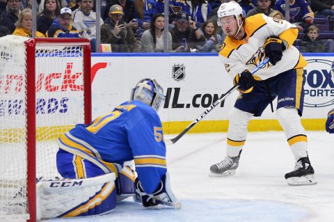 Feb 9, 2019; St. Louis, MO, USA; Nashville Predators center Ryan Johansen (92) shoots as St. Louis Blues goaltender Jordan Binnington (50) defends the net during the second period at Enterprise Center. Mandatory Credit: Jeff Curry-USA TODAY Sports Feb 9, 2019; St. Louis, MO, USA; Nashville Predators center Ryan Johansen (92) shoots as St. Louis Blues goaltender Jordan Binnington (50) defends the net during the second period at Enterprise Center. Mandatory Credit: Jeff Curry-USA TODAY Sports