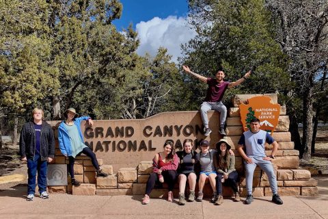 Austin Peay State University students who went on the Grand Canyon trip were, from the left, Cody Bricker, Rebecca Thomack, Anaelle Maudet, Annabelle Spencer, Goodwin Brown, Alex Arriaga (on sign), Gwynevere Cardinal and Luis Soto.