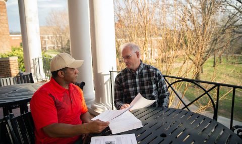 Joe Shakeenab and Jeff Bagley, both 28-year Army veterans, discuss the stories they’re working on in Writing for Military and Families, a class offered at Austin Peay State University through the Community School of the Arts. Joe Shakeenab and Jeff Bagley, both 28-year Army veterans, discuss the stories they’re working on in Writing for Military and Families, a class offered at Austin Peay State University through the Community School of the Arts.
