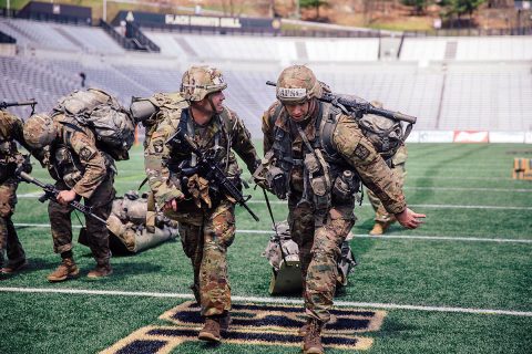 Austin Peay State University ROTC cadets Steven Price and Walt Higbee participate in one of the last challenges of Sandhurst. (Cadet Amanda Lin, U.S. Army)