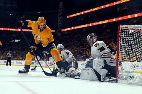 Chicago Blackhawks goaltender Cam Ward (30) and Chicago Blackhawks defenseman Connor Murphy (5) defend a shot attempt from Nashville Predators center Brian Boyle (11) during the second period at Bridgestone Arena. (Christopher Hanewinckel-USA TODAY Sports) Chicago Blackhawks goaltender Cam Ward (30) and Chicago Blackhawks defenseman Connor Murphy (5) defend a shot attempt from Nashville Predators center Brian Boyle (11) during the second period at Bridgestone Arena. (Christopher Hanewinckel-USA TODAY Sports)