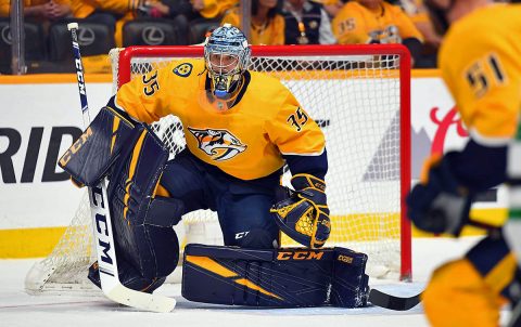 Nashville Predators goaltender Pekka Rinne (35) after a save during the first period against the Dallas Stars in game one of the first round of the 2019 Stanley Cup Playoffs at Bridgestone Arena. (Christopher Hanewinckel-USA TODAY Sports) Nashville Predators goaltender Pekka Rinne (35) after a save during the first period against the Dallas Stars in game one of the first round of the 2019 Stanley Cup Playoffs at Bridgestone Arena. (Christopher Hanewinckel-USA TODAY Sports)