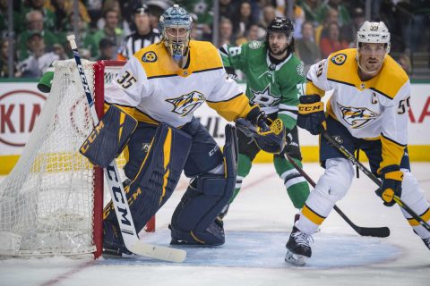 Apr 15, 2019; Dallas, TX, USA; Nashville Predators goaltender Pekka Rinne (35) and defenseman Roman Josi (59) defend against Dallas Stars center Mats Zuccarello (36) during the second period in game three of the first round of the 2019 Stanley Cup Playoffs at American Airlines Center. Mandatory Credit: Jerome Miron-USA TODAY Sports